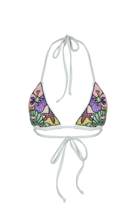 Talia Hand Embroidered White Base Bikini Top
